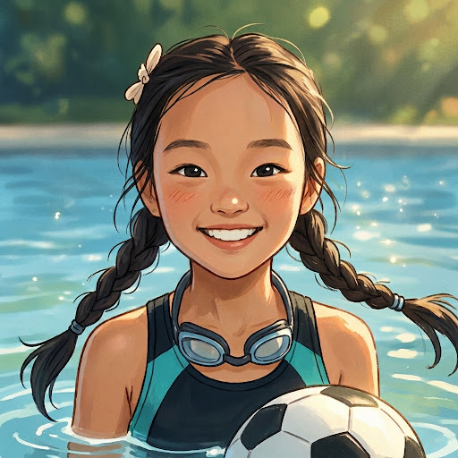 Team Athena logo: girl with braids, goggles, holding a soccer ball in a pool
